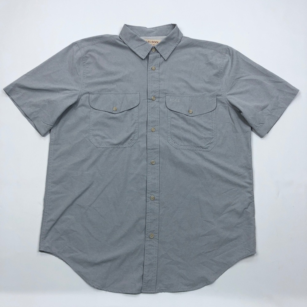 Filson Mens Short Sleeve Button Down Shirt BlueStone Gray Large Vented Outdoor